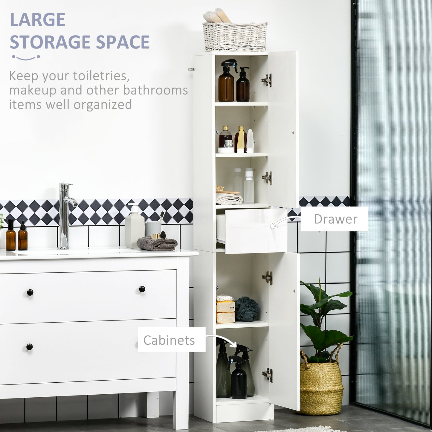 kleankin Luxury Tall Bathroom Cabinet with High Gloss Panel, Sleek White Bathroom Cabinet with Push-to-Open Door, White