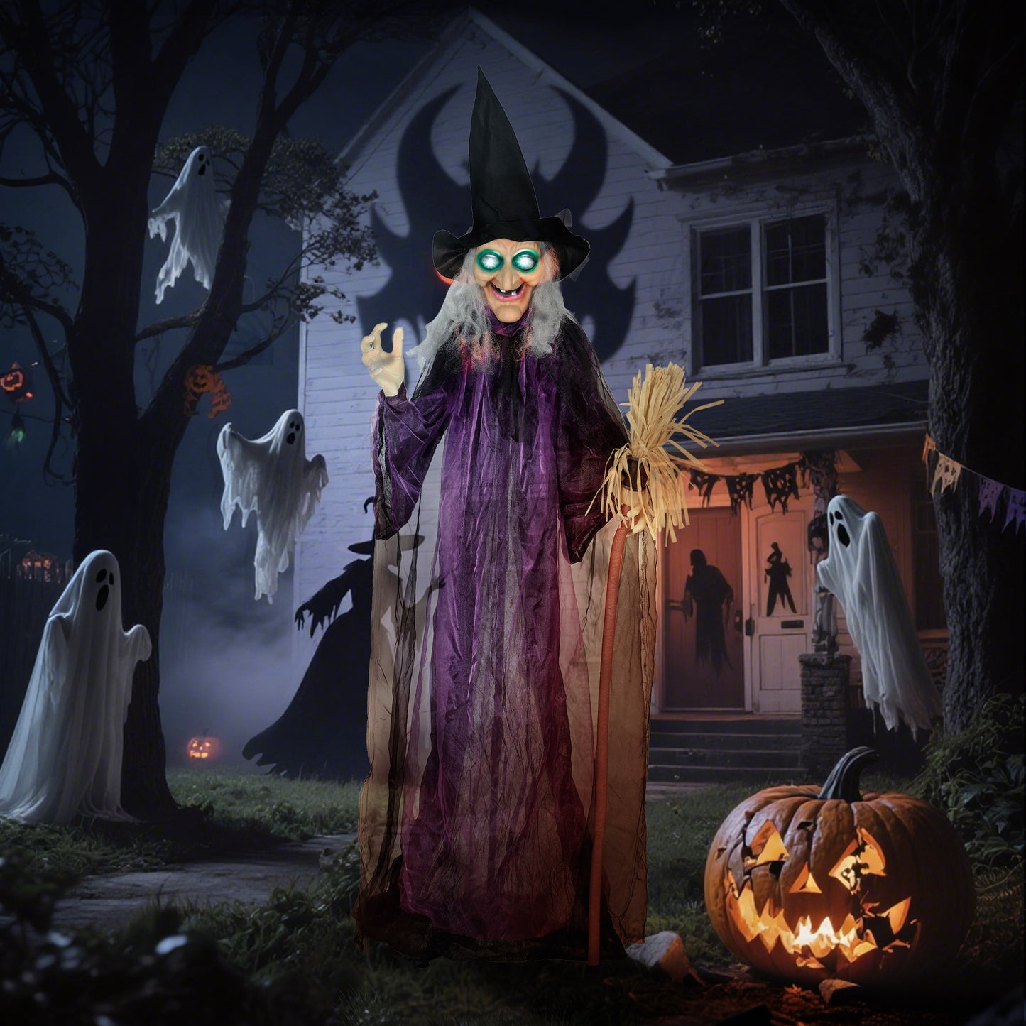 Outsunny 6ft Animated Witch Decoration, with Sound - Purple/White