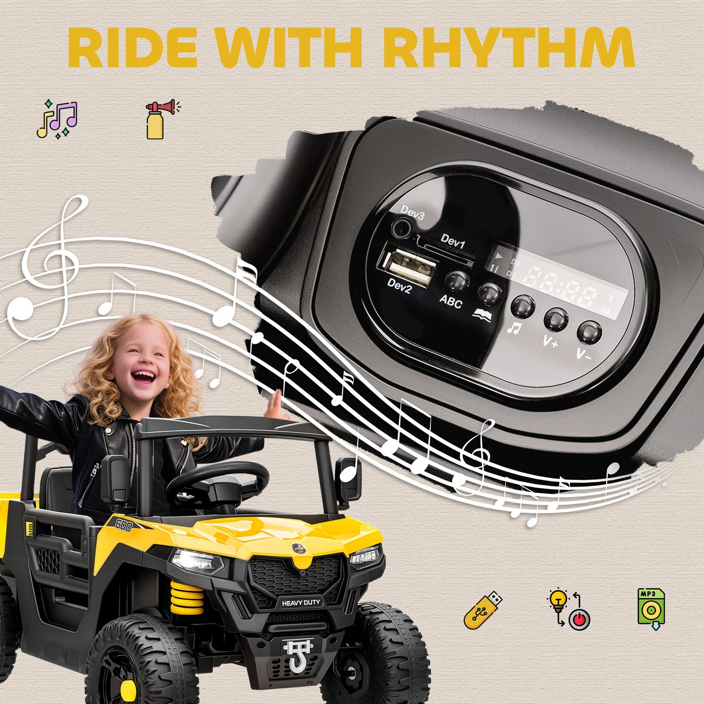 AIYAPLAY Kids Ride on Car, 12V Electric Kids UTV with Electric Dump Bed, 4-Wheel Suspension for 3-8 Years, Yellow