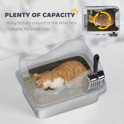 PawHut Stainless Steel Cat Litter Box with High Sides, Metal Scoop, 43 x 33 x 25 cm