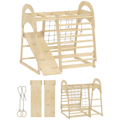 AIYAPLAY 6 in 1 Kids Climbing Frame with Slide, Monkey Bars, Gymnastics Rings, Ladder, Climbing Net, for 3-6 Years, Natural Tone--ChewyGames-ChewyGames