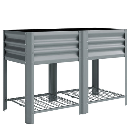 Outsunny Raised Garden Bed with Storage Shelf Steel Elevated Planter Box with Legs for Outdoor Vegetables Flowers