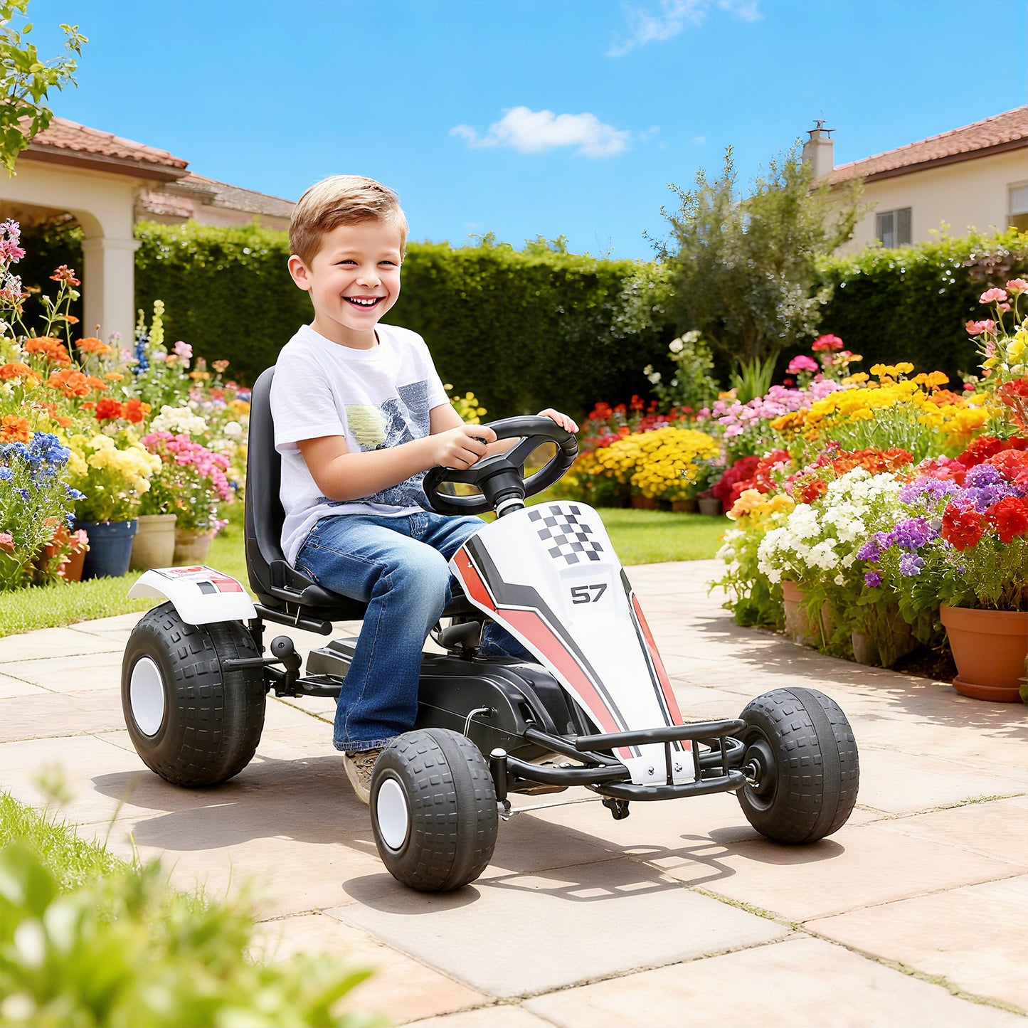 HOMCOM Kids Children Pedal Go Kart Manual Ride On Car w/ Brake Gears Steering Wheel Adjustable Seat 4 Smooth Wheels Racing-Style White 104 x 66 x 57 cm