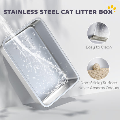 PawHut High Sided Stainless Steel Litter Box, Metal Cat Litter Tray with Metal Scoop, Litter Mat, Never Absorbs Odors, Grey