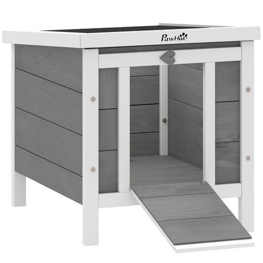 PawHut Wooden Rabbit Hutch Outdoor, Guinea Pig Hutch, Rabbit Hideaway, Cat House, Bunny Cage Small Animal House with Openable Roof, 51 x 42 x 43 cm, Grey