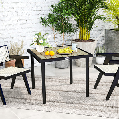 Outsunny Square Garden Dining Table with 5.4cm Parasol Hole, Slatted Top, Metal Frame, 86 x 86 x 71cm, Brown