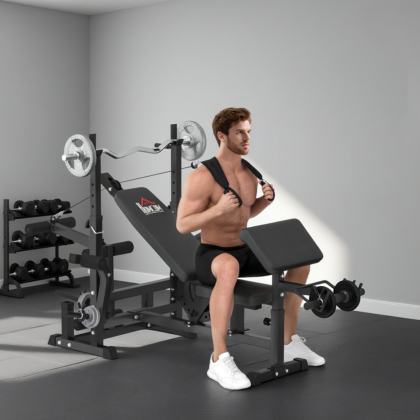 HOMCOM Weight Bench, 6 in 1 Adjustable Bench Press with Leg Extension, Barbell Rack, Preacher Curl Pad, Resistance Band, Multi-Function Home Gym Equipment for Strength Training Weightlifting