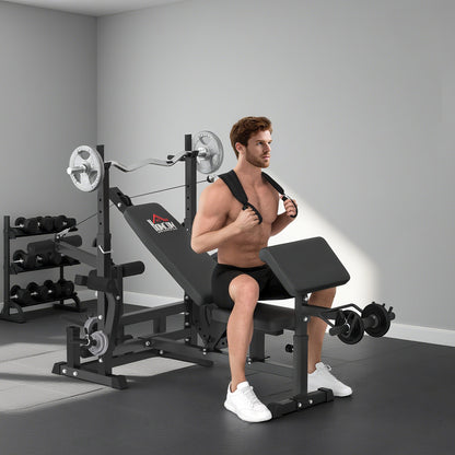 HOMCOM Weight Bench, 6 in 1 Adjustable Bench Press with Leg Extension, Barbell Rack, Preacher Curl Pad, Resistance Band, Multi-Function Home Gym Equipment for Strength Training Weightlifting