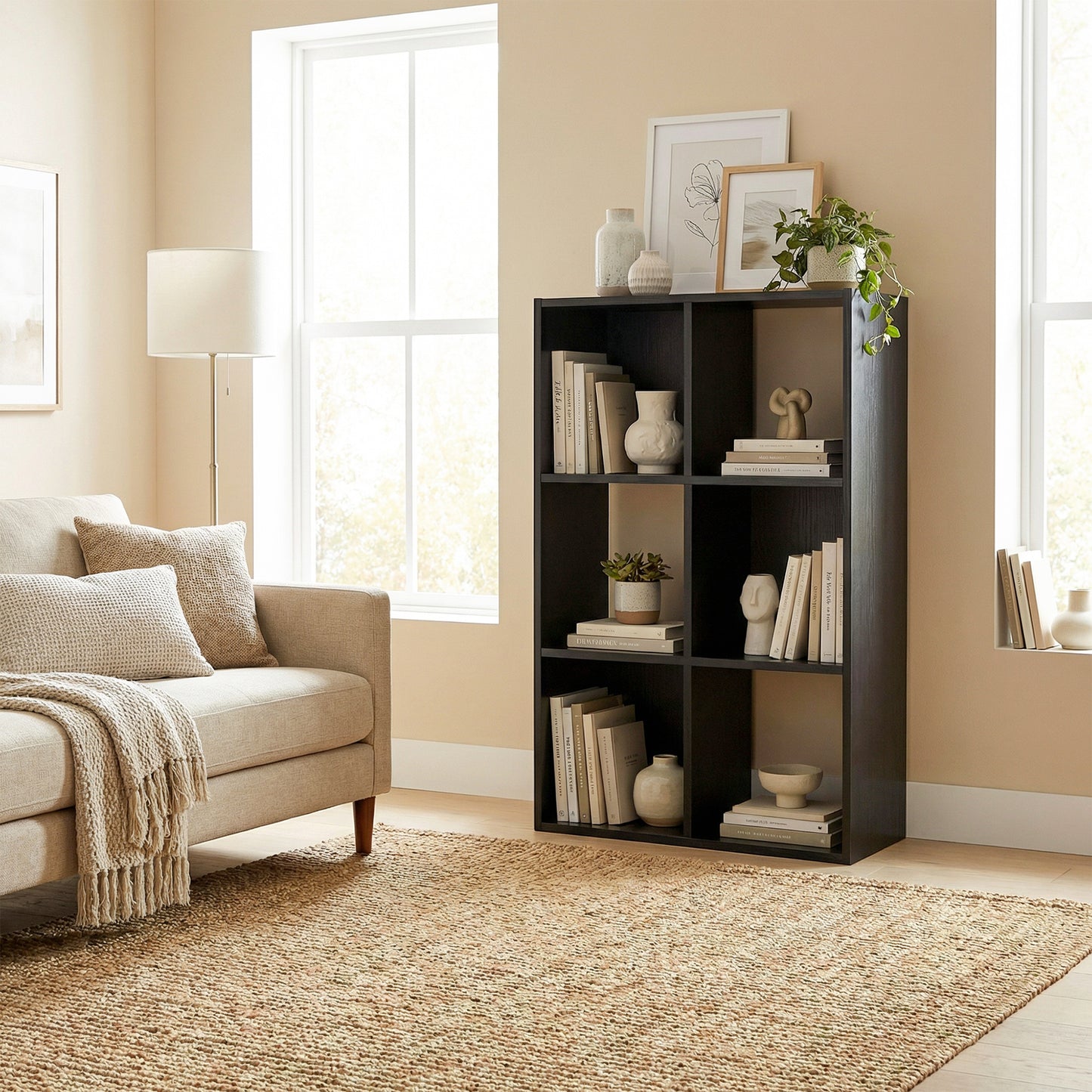 HOMCOM Industrial Style Storage Shelf, Bookcase, Bookshelf with 6 Compartments, for Living Room, Home Study, Black Wood Effect