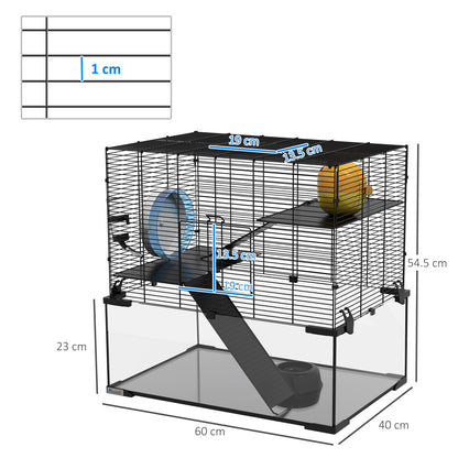 PawHut 3 Tiers Hamster Cage, Gerbil Cage with Deep Glass Bottom, Non-Slip Ramps, Platforms, Hut, Exercise Wheels, Water Bottle, Dish, for Syrian Hamster, Dwarf Hamster, 60 x 40 x 54.5cm