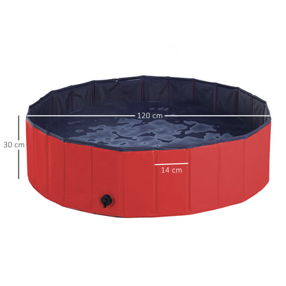 PawHut Dog Paddling Pool, Foldable Dog Pool, Leakproof & Hard Plastic, Portable Pet Bathtub with Non-Slip Base & Drainage Hole, for Indoors, Outdoors, Garden, Patio, 120 x 30 cm, Red