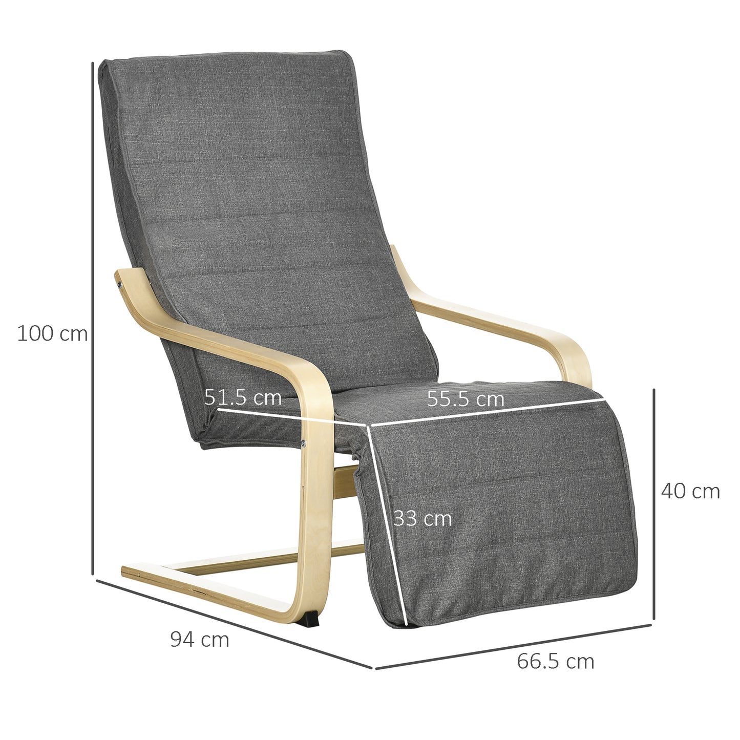 HOMCOM Wooden Armchair, Upholstered Linen Lounge Chair with Adjustable Footrest & Removable Cushion, Poang Chair for Living Room, Dark Grey