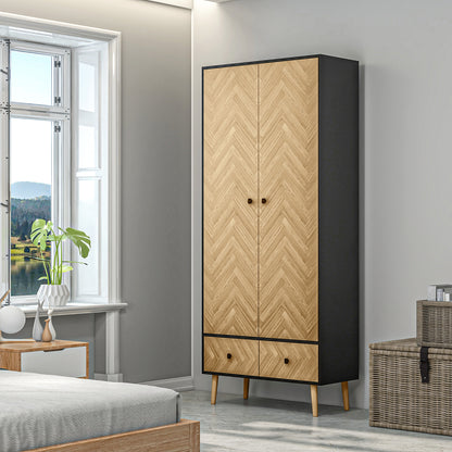 HOMCOM Modern Wardrobe Cabinet Wood Grain Sticker Surface with Shelf, Hanging Rod and 2 Drawers 90x50x190cm