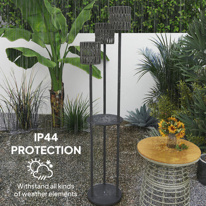 Outsunny Boho Rattan Floor Lamp, 3-Lights Rattan Lamp with Shelf, Freestanding Solar Garden Light with Auto On/Off Lights, Grey