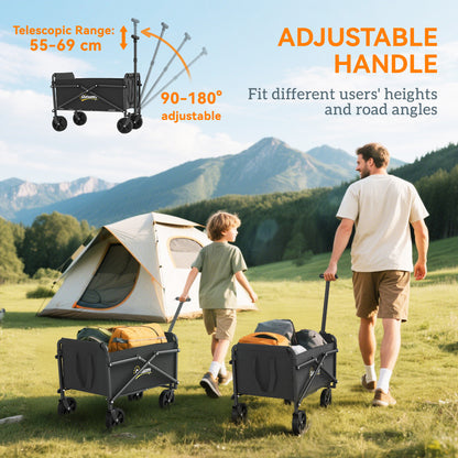 Outsunny 41L Festival Trolley on Wheels, Compact Garden Folding Trolley Cart, 60kg Heavy Duty Collapsible Foldable Wagon with Adjustable Handle and Carrying Bag for Beach, Camping, Festival, Black