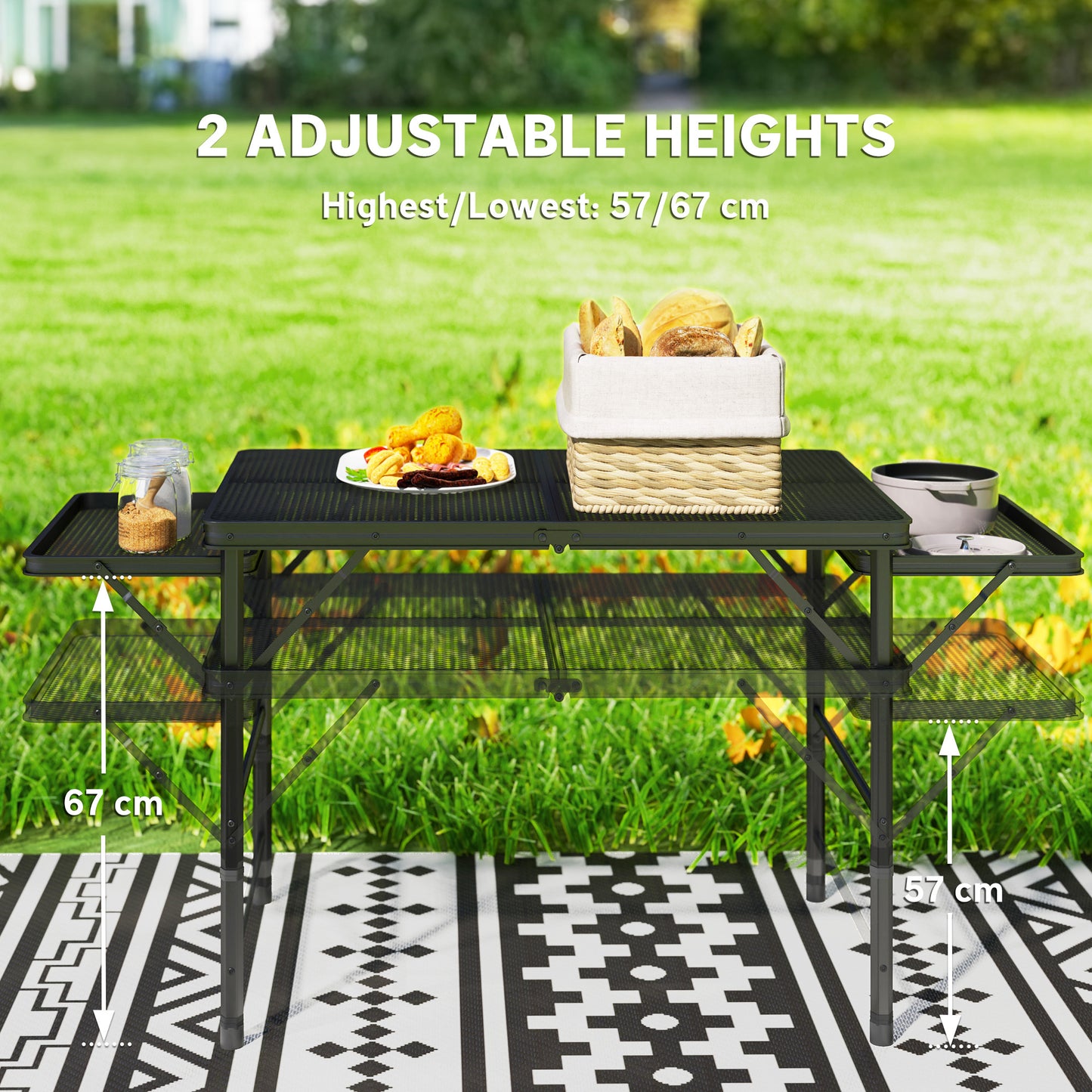 Outsunny Folding Grill Table, 4.5ft Portable Camping Table with 2 Wing Panels, Height Adjustable Metal Picnic Table for Camping, Picnic and BBQ, Black
