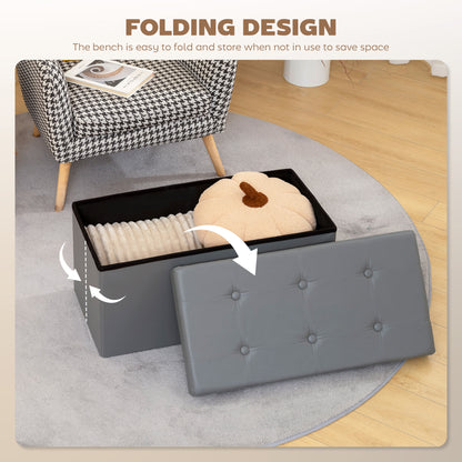 HOMCOM Storage Ottoman Bench, 89L PU Leather Folding Foot Rest Stool, End of Bed Bench, Easy Assembly, for Living Room, Bedroom, Entryway, Grey