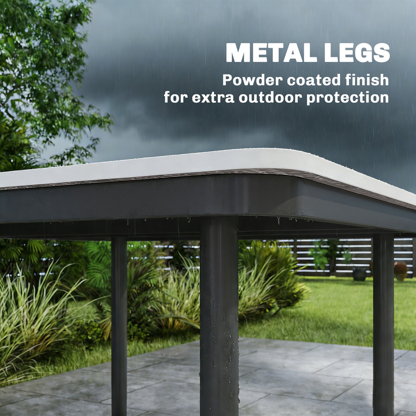 Outsunny Garden Dining Table for 4, 85 cm Square Outdoor Table with Umbrella Hole, Faux Wood Top, Metal Legs, Dark Grey