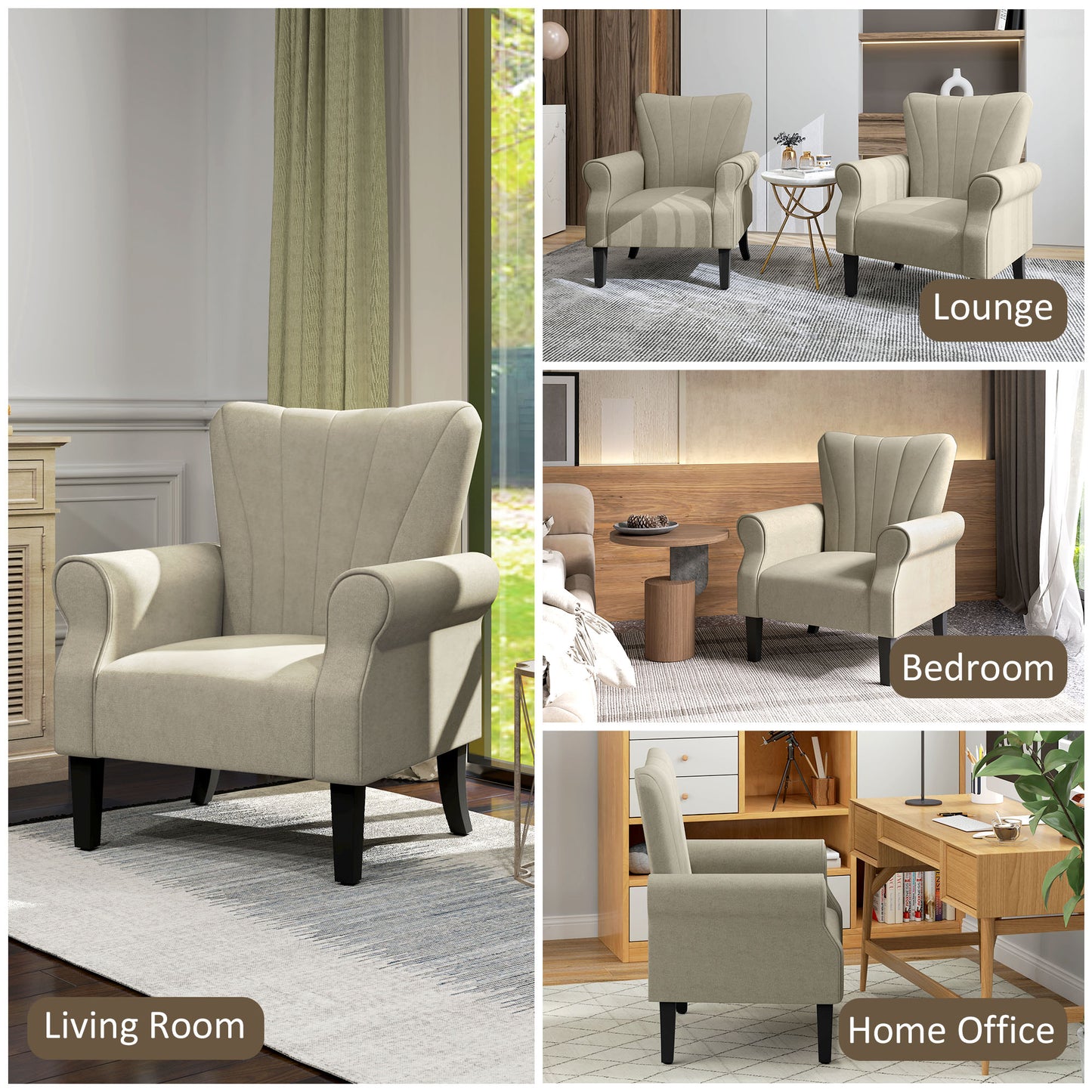 HOMCOM Upholstered Accent Chair with Rolled Arms and Wood Legs, Armchair for Living Room Bedroom, Beige