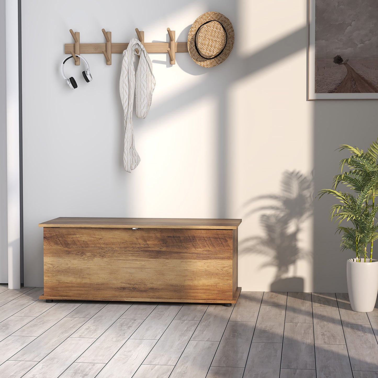 HOMCOM Storage Chest, Large 113L Blanket Box, Shoe Bench with Safety Hinged Lid, Storage Trunk, Bed End Bench for Bedroom, Hallway, Living room, Playroom, 100 x 40 x 40cm, Brown Wood Grain--ChewyGames-ChewyGames