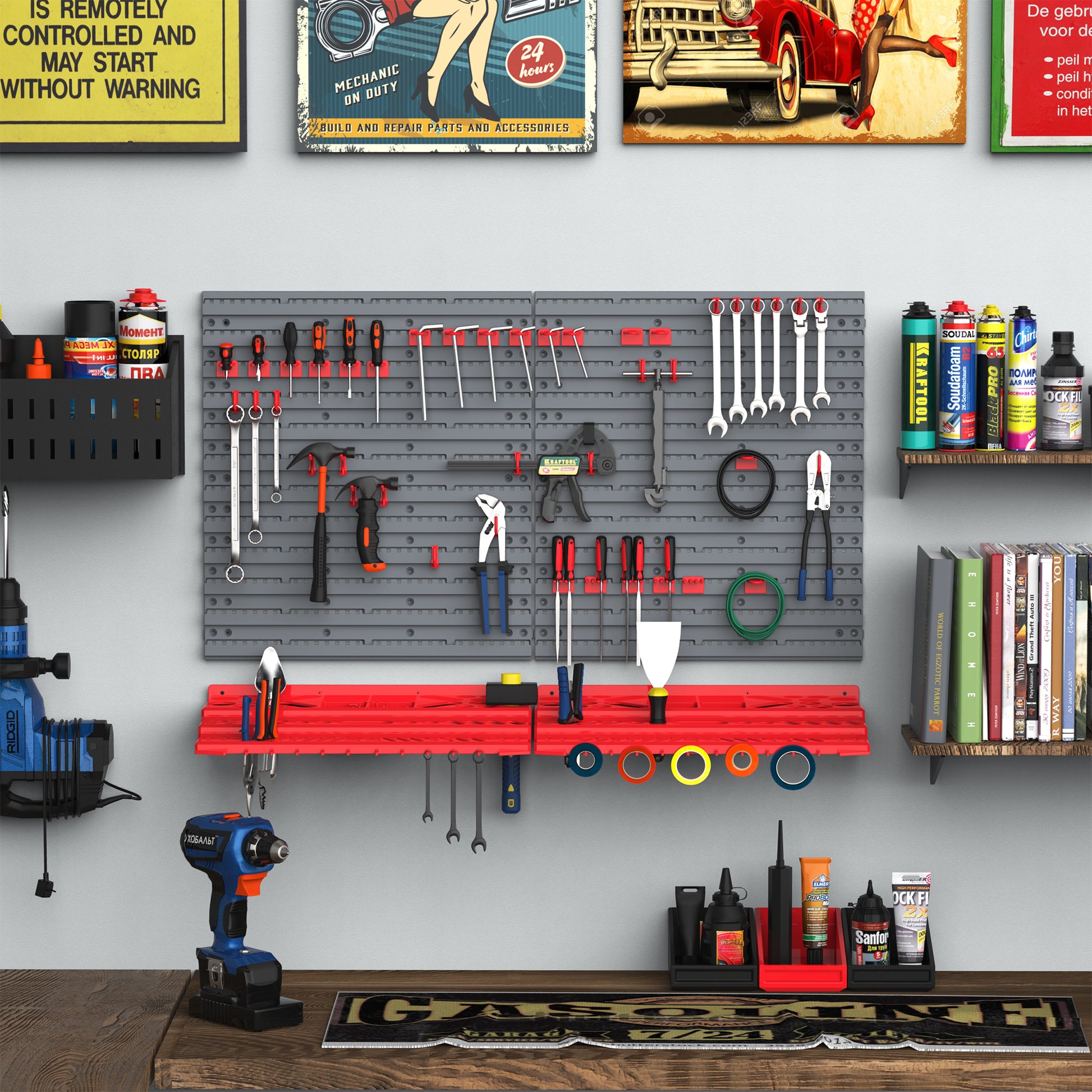 DURHAND 54 Pcs On-Wall Tool Equipment Holding Pegboard Home DIY Garage Organiser DIY w/ 50 Pegs 2 Shelves--ChewyGames-ChewyGames