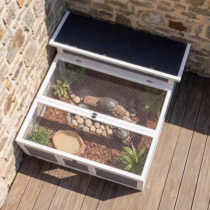 PawHut Wooden Tortoise House, Tortoise Enclosure with Clear Observation Window, Top Opening, Multiple Doors, Galvanised Mesh