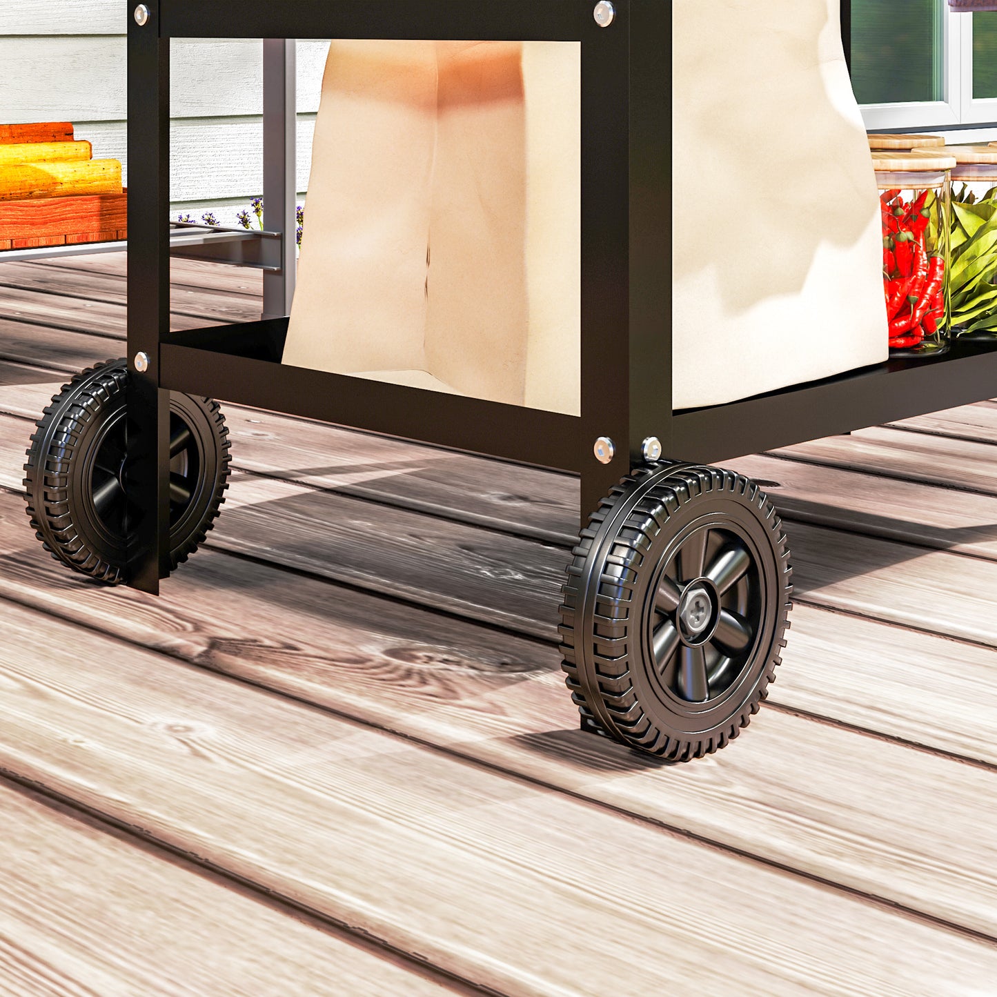 Outsunny BBQ Trolley with Stainless Steel Top Adjustable Shelf, Outdoor Kitchen Barbecue Station with Hooks Seasoning Tray Towel Rack, Pizza Oven Table Movable Grill Dining Cart with Cover, Black
