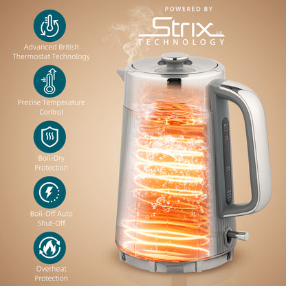 HOMCOM Electric Stainless Steel Kettle and Toaster Set, 3000W 1.7L UK Strix Thermostat Fast Boil Kettle w/ Limescale Filter, Cool Touch Body, 4 Slice Toaster with 7 Browning Levels, Crumb Tray, Grey