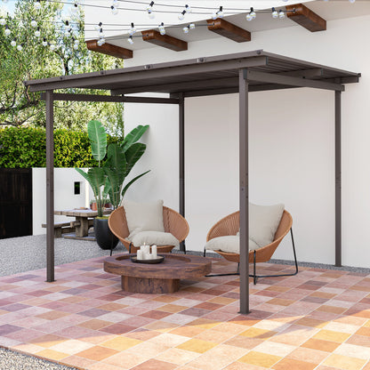Outsunny 3 x 3(m) Garden Pergola with Waterproof Metal Roof, Lean to Pergola Hardtop Gazebo, Brown