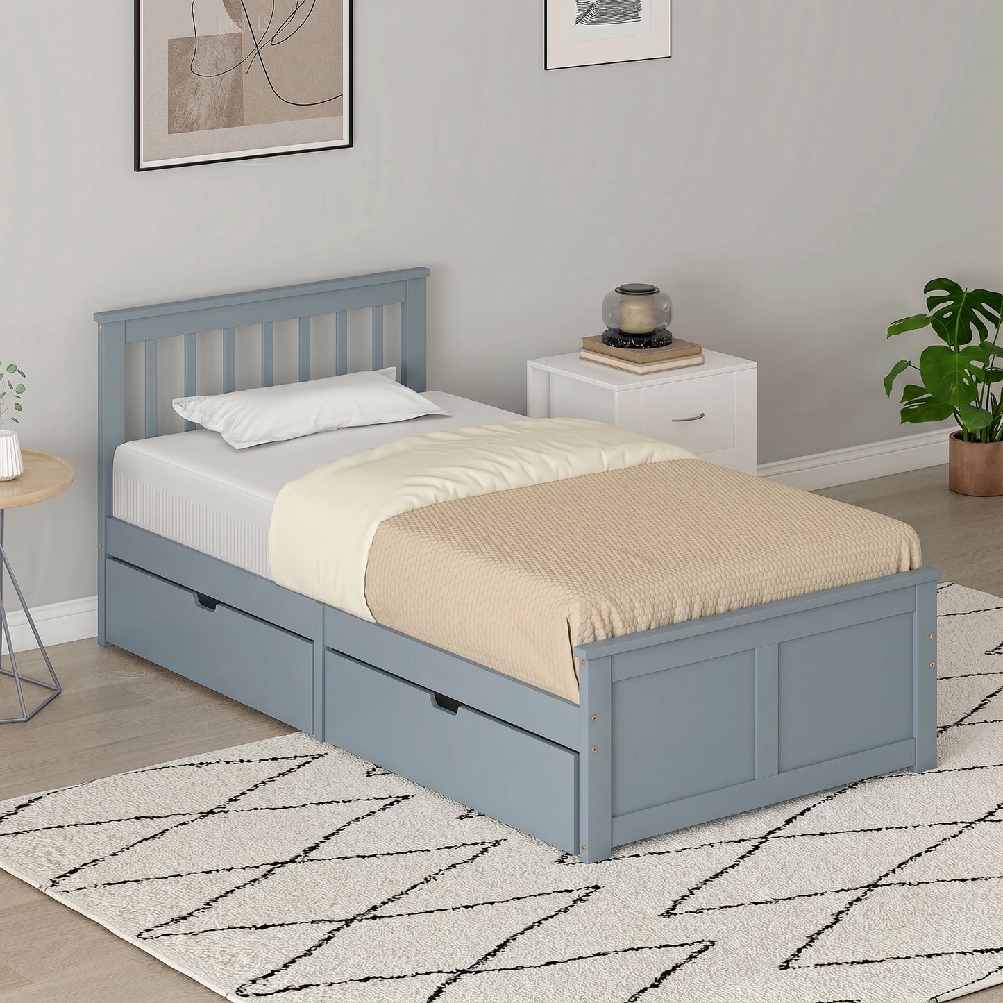 HOMCOM Pine Storage Bed, 3ft Single Solid Wooden Bed Frame with Drawers, Headboard, Wood Slat Support, Grey