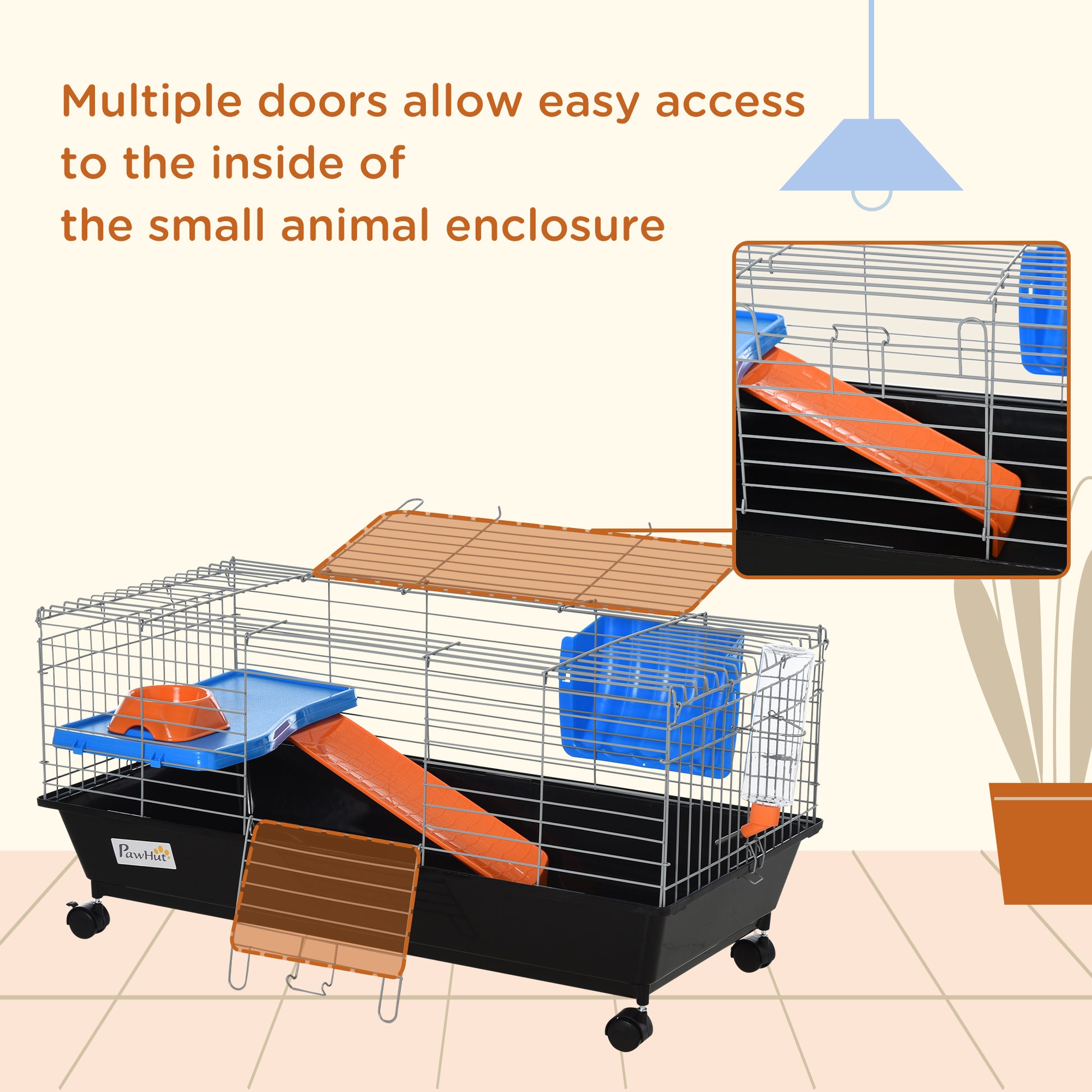 PawHut Small Animal Cage Rabbit Guinea Pigs Chinchillas Cage w/ Wheels Water Bottle Food Dish Platform Ramp 89 x 44 x 43 cm Black--ChewyGames-ChewyGames