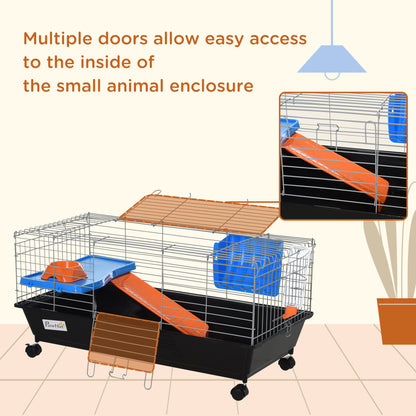 PawHut Small Animal Cage Rabbit Guinea Pigs Chinchillas Cage w/ Wheels Water Bottle Food Dish Platform Ramp 89 x 44 x 43 cm Black--ChewyGames-ChewyGames