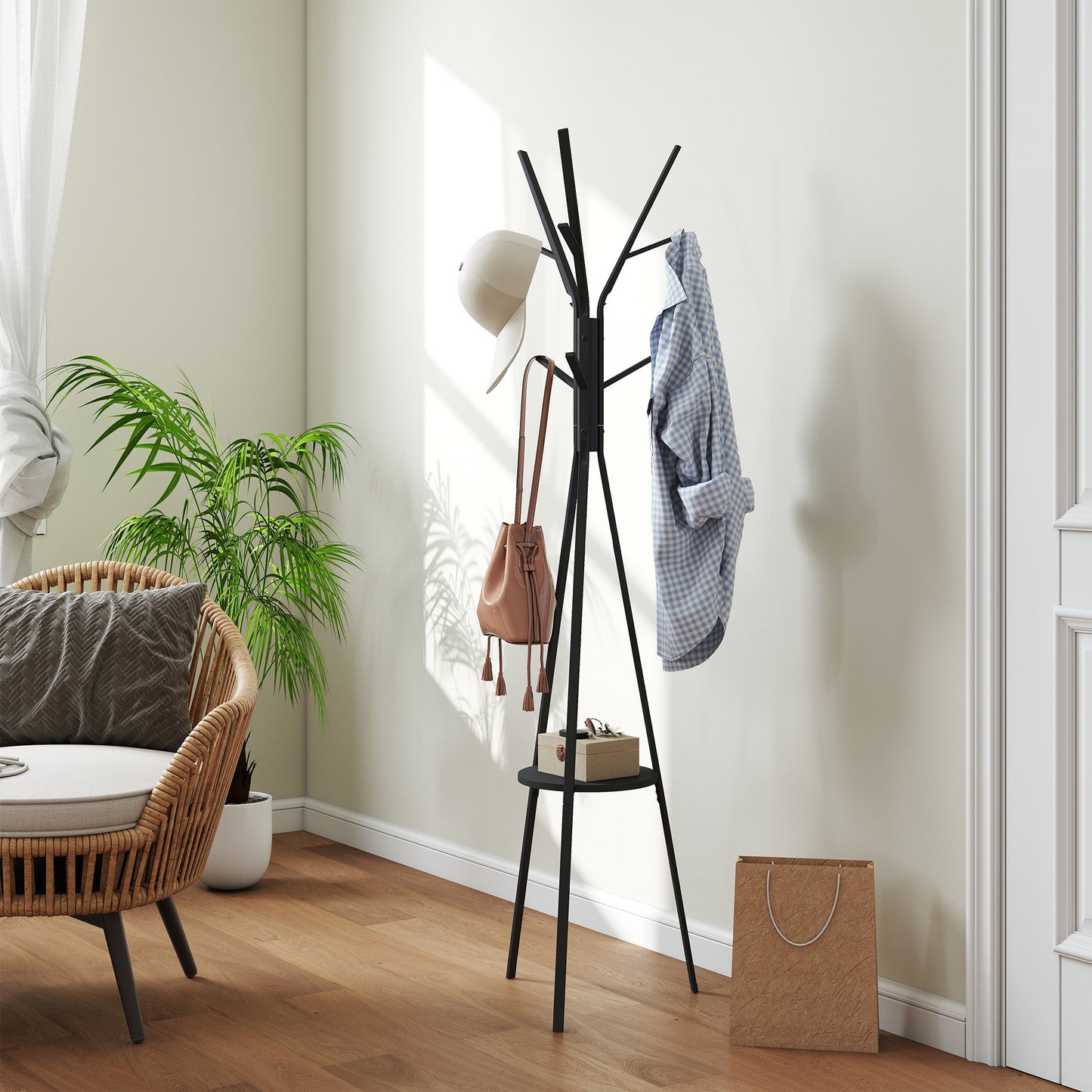 HOMCOM Freestanding Metal Coat Rack Stand 9 Hooks Clothes Tree with 1 Shelf Hat Display Hall Tree Hanger Bag Umbrella Hanging Organiser Black