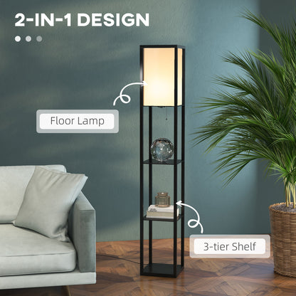 HOMCOM 3-Tier Floor Lamp with Shelves and Storage, Modern Standing Lamp with Lampshade, Reading Light with Chain Switch for Living Room, Bedroom, Home Office, Bulb not Included, Black