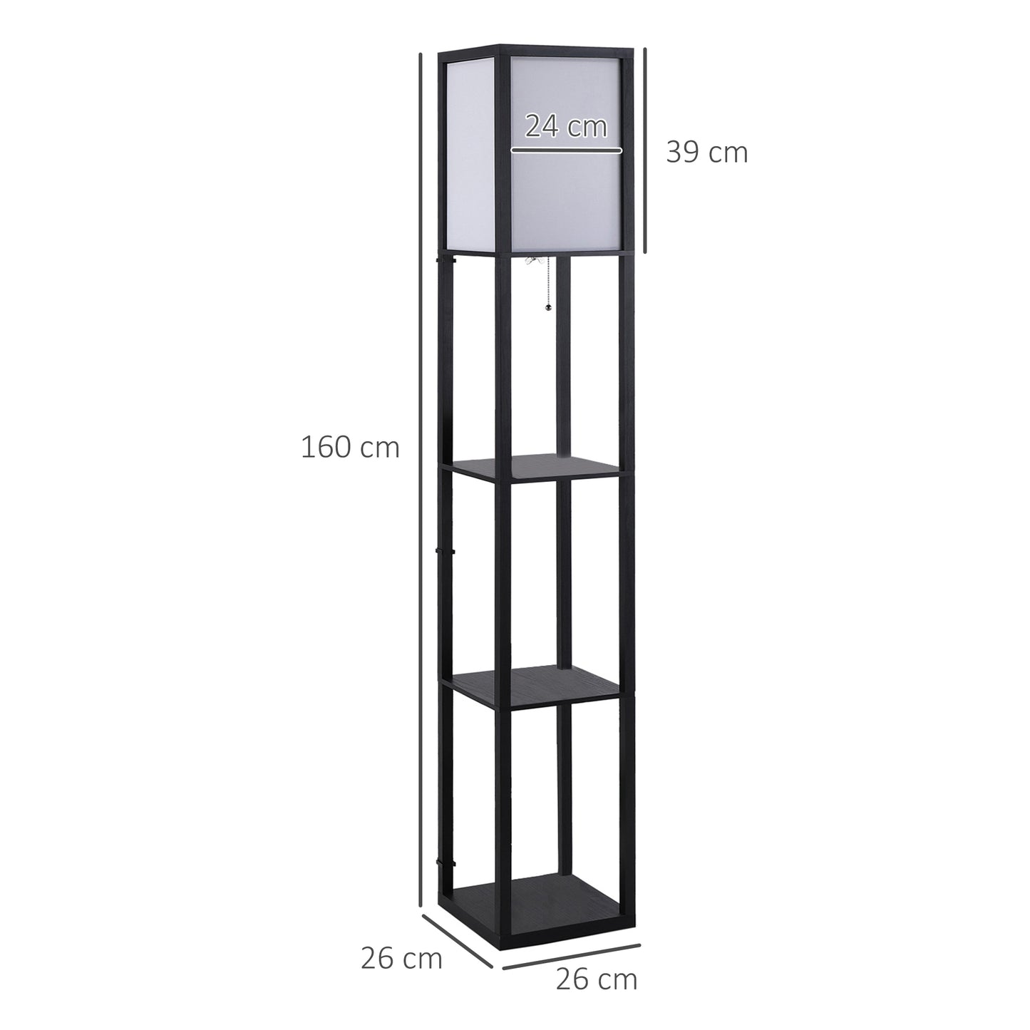 HOMCOM 3-Tier Floor Lamp with Shelves and Storage, Modern Standing Lamp with Lampshade, Reading Light with Chain Switch for Living Room, Bedroom, Home Office, Bulb not Included, Black