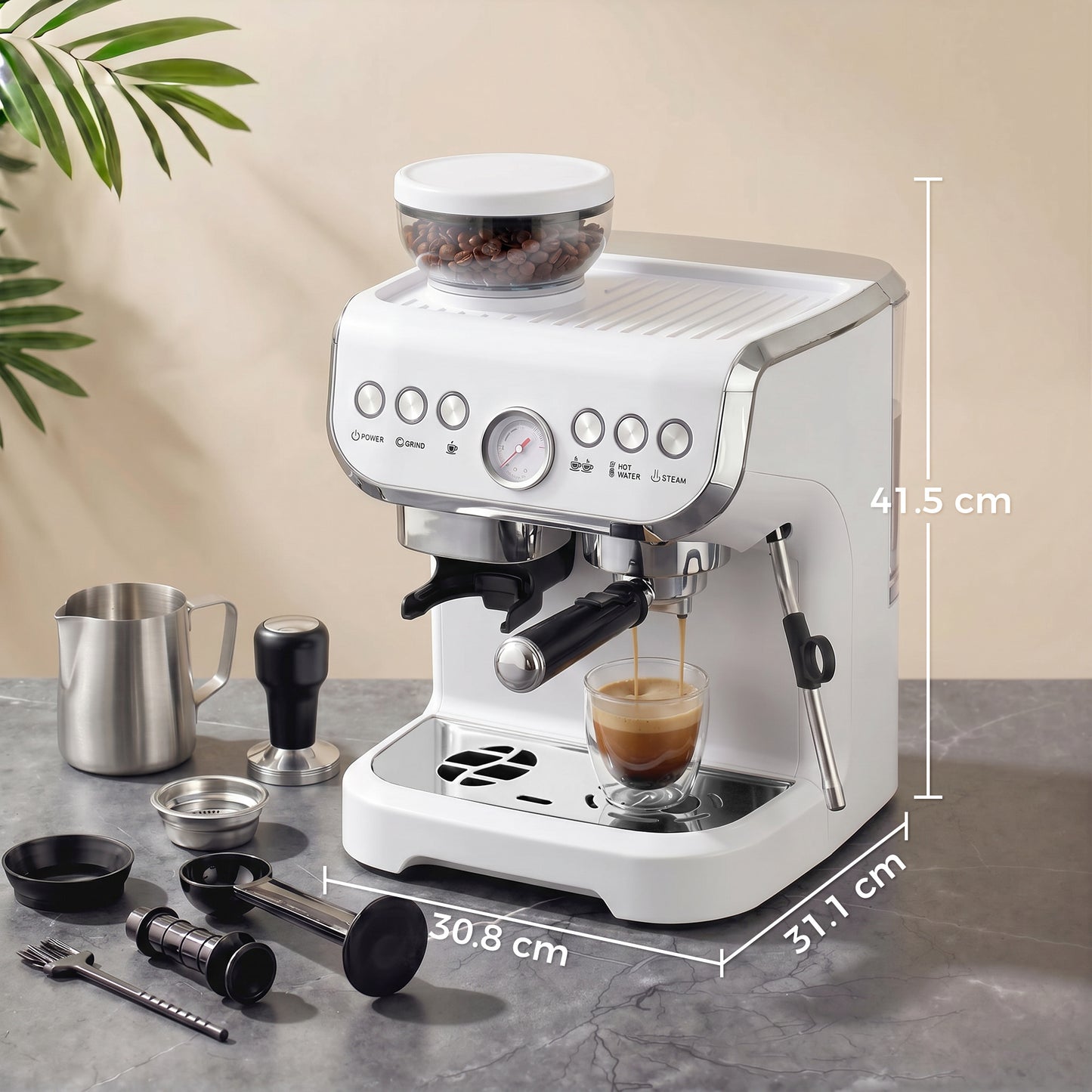HOMCOM 15 Bar Coffee Machine, with Adjustable Grind, Steamer and Accessories - White