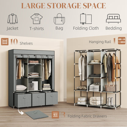 HOMCOM Foldable Fabric Wardrobe for Bedroom, Portable Wardrobe with 5 Shelves, 2 Hanging Rails and 3 Fabric Drawers, Light Grey