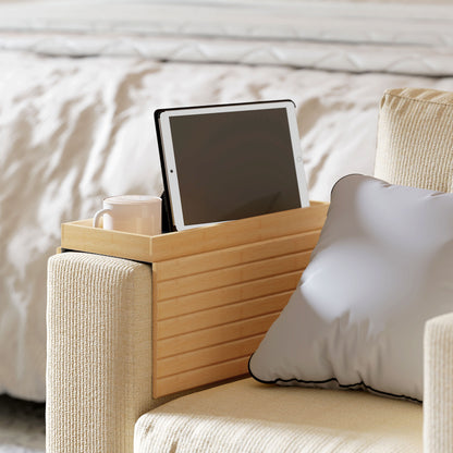 HOMCOM Bamboo Sofa Arm Tray, Foldable Anti-Slip Armrest Tray for Drinks and Snacks, Natural Wood Finish