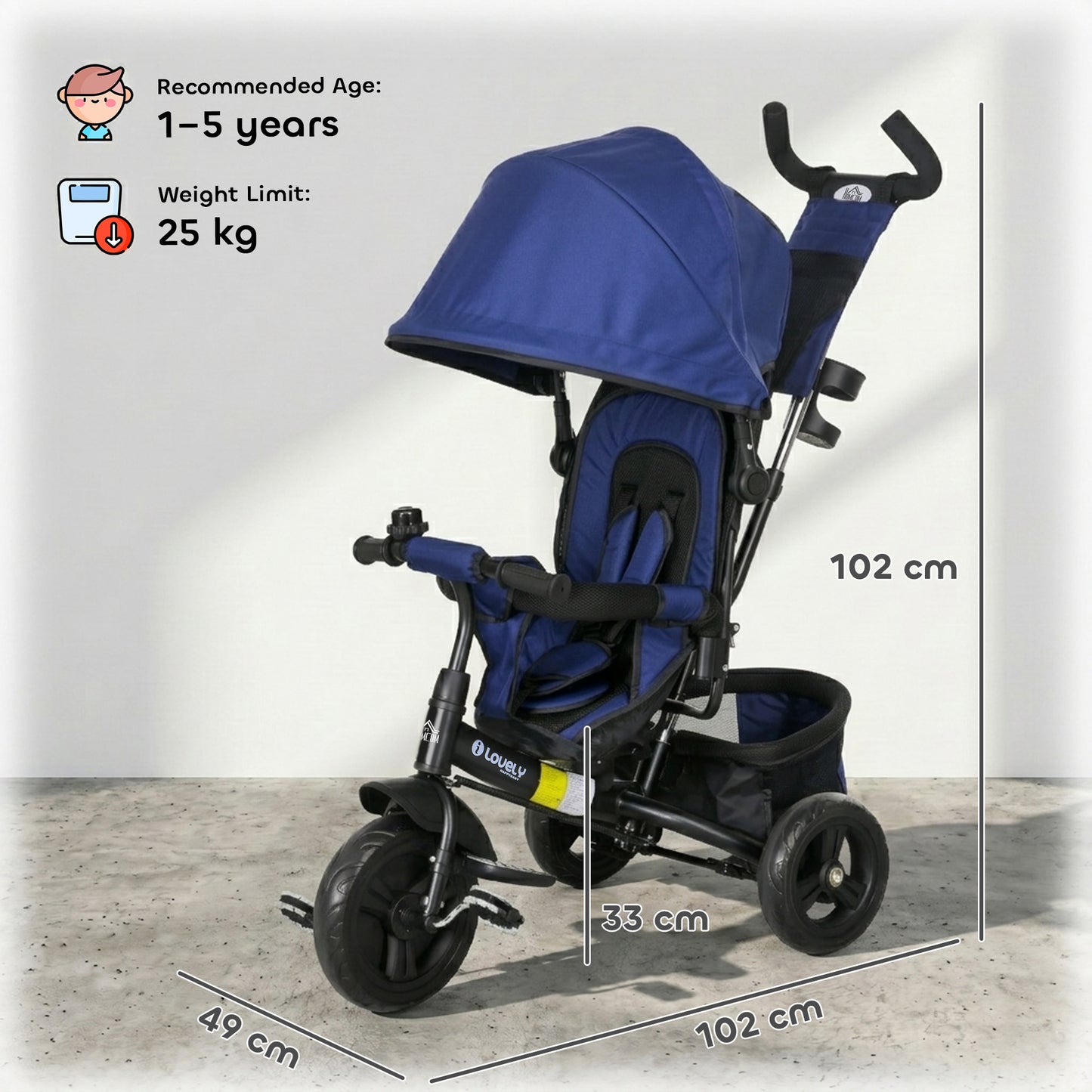 HOMCOM 6 in 1 Kids Trike with Parent Handle, Canopy, 5-point Seat Belt, Storage, Footrest, Brake, for 1-5 Years, Dark Blue