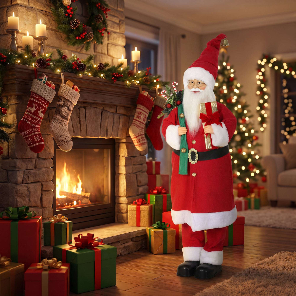 HOMCOM 4ft Singing Dancing Santa Claus, Standing Christmas Animated Santa Figure with Gift and Sack, Sound/Touch Activated