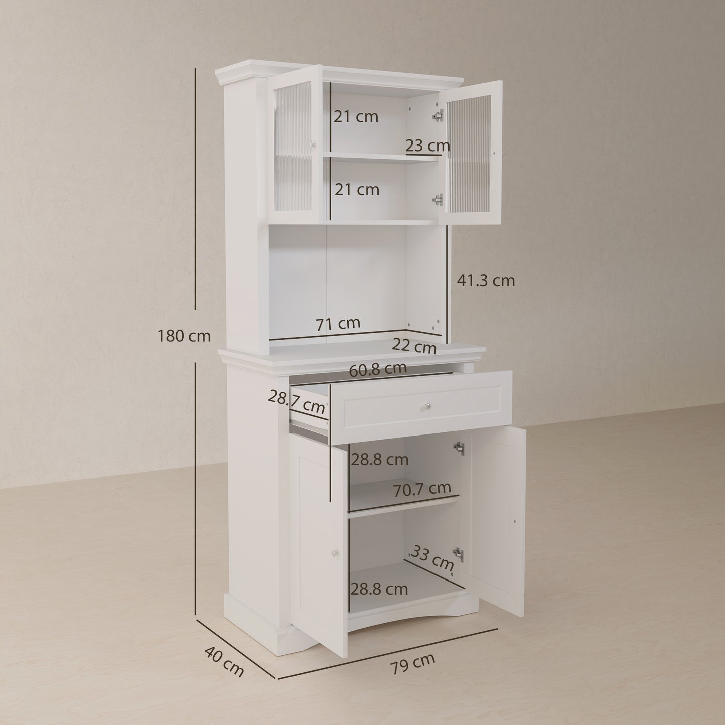 HOMCOM 4-Door Kitchen Cupboard with Drawer, Freestanding Kitchen Cabinet with Glass Doors, Adjustable Shelves and Open Counter, White