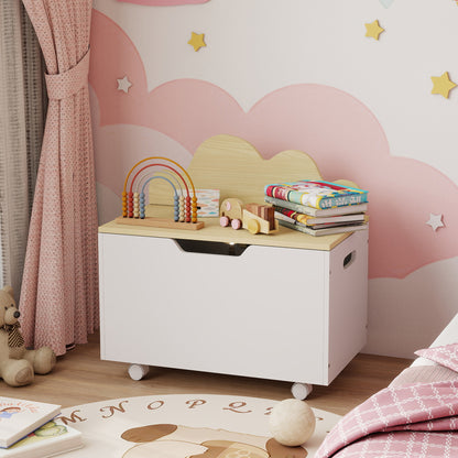 AIYAPLAY Toy Box with Lid, Toy Chest with Wheels and Safety Hinges, Toddler Storage Organiser for Playroom, Bedroom, White