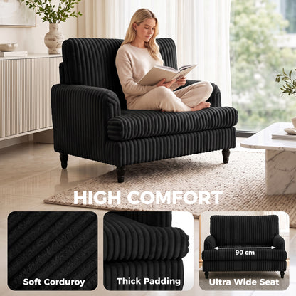 HOMCOM Corduroy Single Sofa Armchair, Modern Accent Chair with Stripes, Turned Legs and Wide Seat, Black