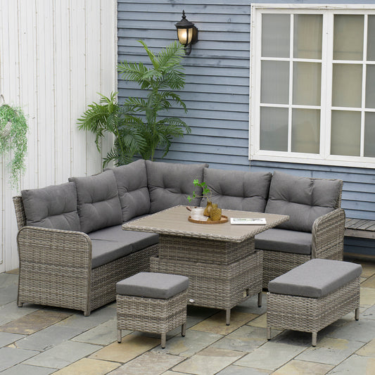 Outsunny 6 Pieces Outdoor PE Rattan Garden Furniture, Patio Wicker Sectional Conversation Corner Sofa with Soft Padded Cushion and Liftable Coffee Table, 123 x 55 x 84 cm, Grey