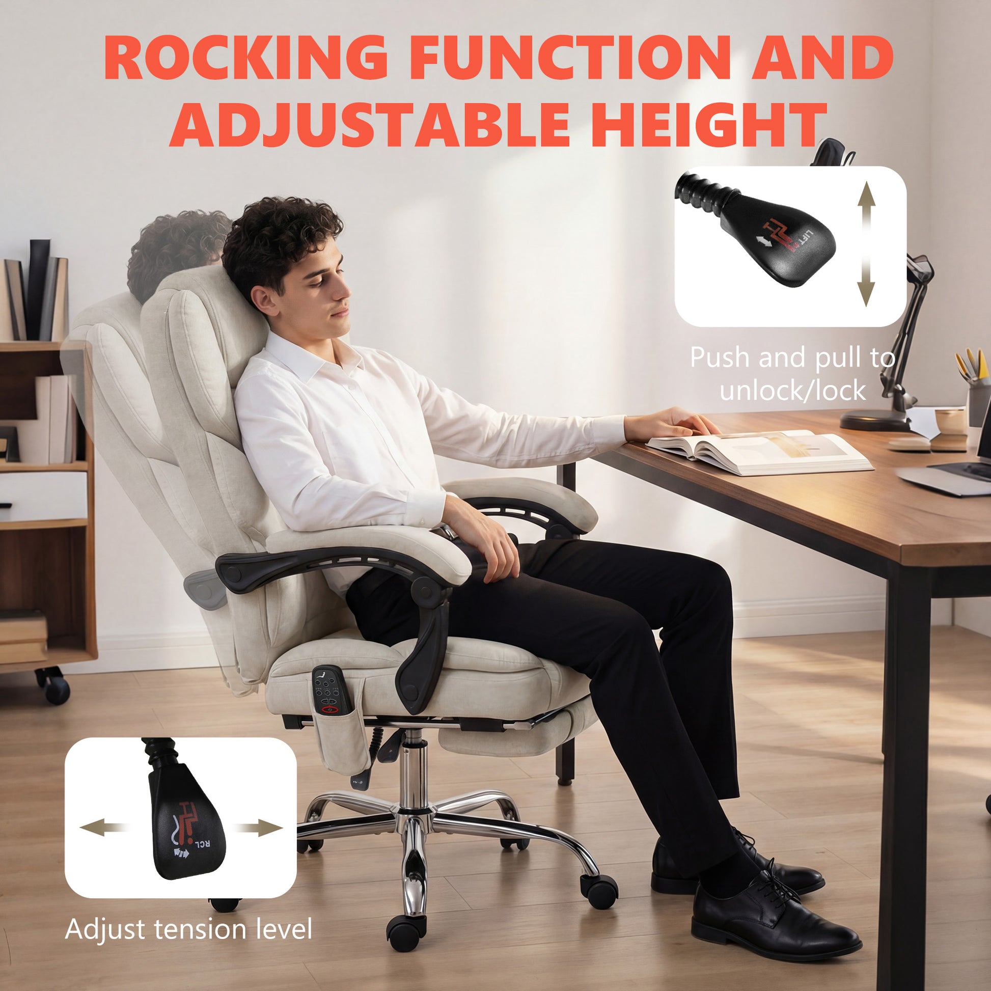 HOMCOM Office Chair with 6-point Vibration Massage and Heat, Fabric Desk Chair with Footrest, High Back, Cream White-Office Chairs-ChewyGames-ChewyGames