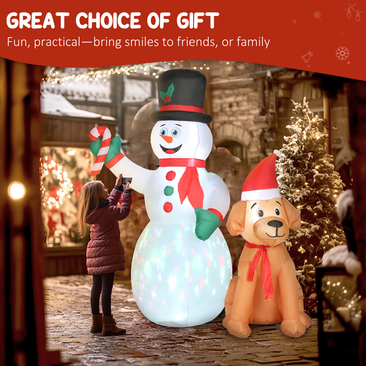 Outsunny 6FT Christmas Inflatables Snowman & Dog with Built-in LED Lights and Flashing Light, Blow Up Christmas Inflatable Decoration for Indoor Outdoor Decor, Garden