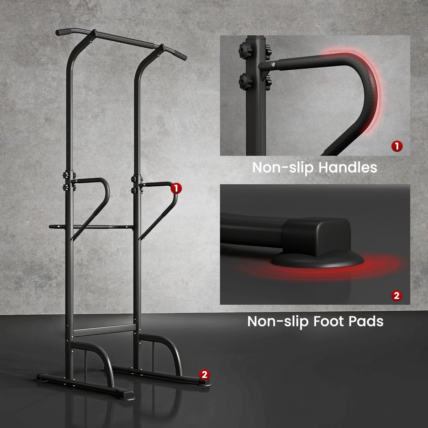 HOMCOM Power Tower Dip Station Pull Up Bar Multi-Function Push Up Equipment with Adjustable Height for Home Gym Strength Training Workout Fitness