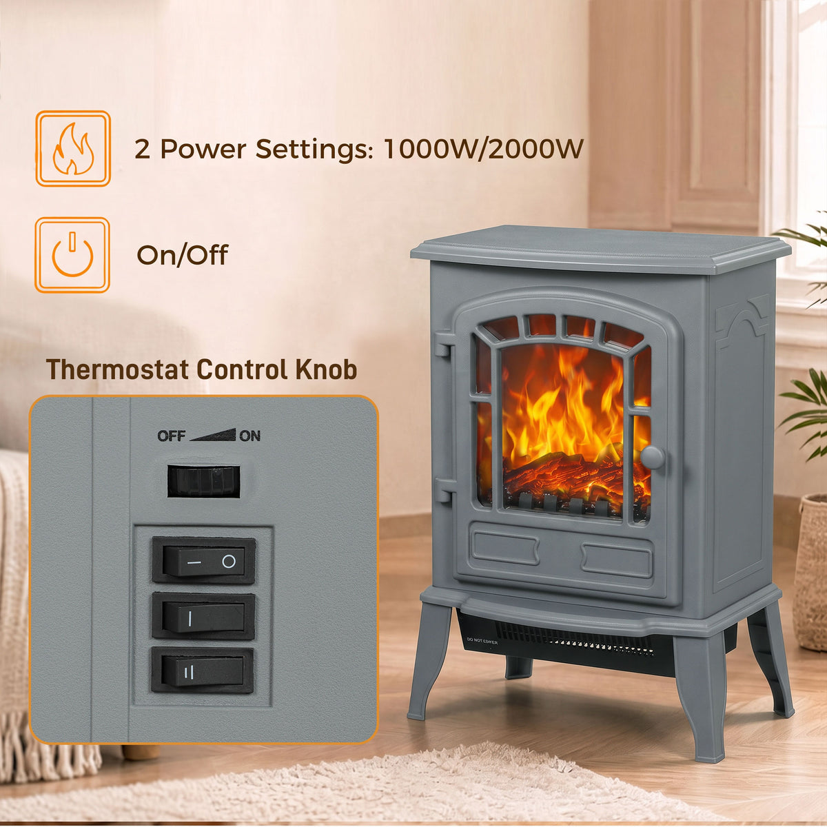 HOMCOM Electric Fireplace Stove, 1000W/2000W, Freestanding Electric Fire with LED Flame Effect, Adjustable Thermostat, Grey