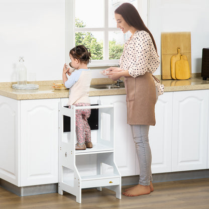 HOMCOM Toddler Step Stool for Kids, 2 in 1 Foldable Step Stool with Security Rail and Chalkboard for Kitchen Bathroom, White