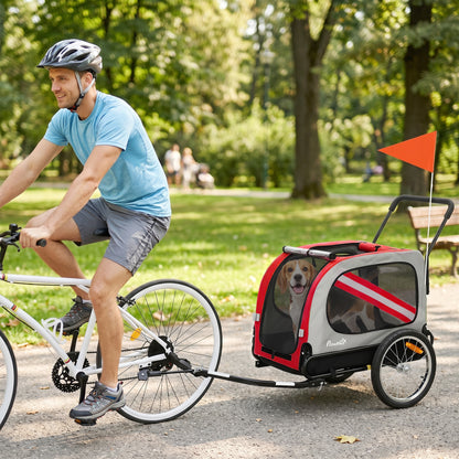 PawHut 2-In-1 Dog Bike Trailer Pet Stroller with Universal Wheel Reflector Flag Red